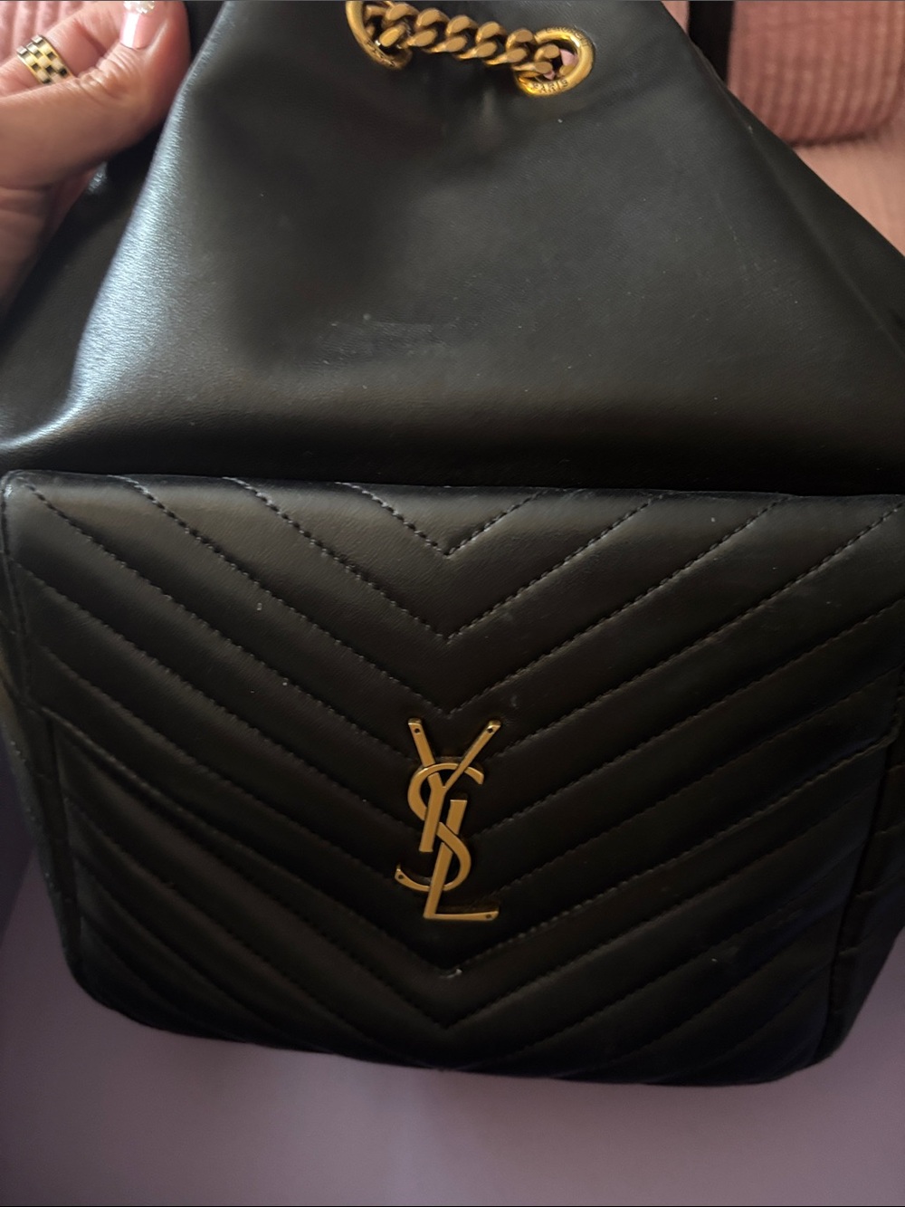Saint Laurent Black Quilted Leather Backpack with Gold YSL Emblem